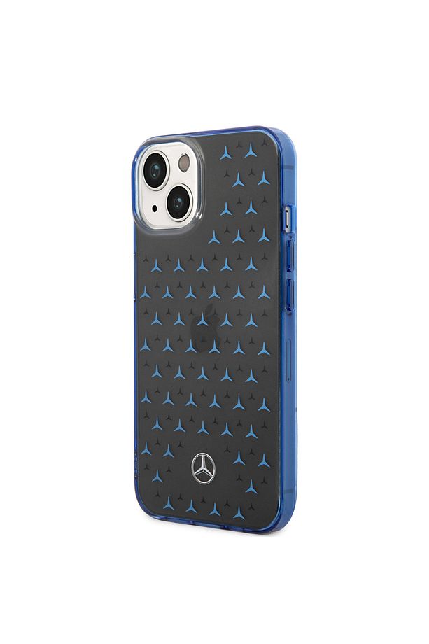 Mercedes Benz iPhone 14 Uyumlu Kılıf Mercedes Benz Çift Katmanlı Yıldız Desenli Dizayn Kapak Siyah - Mavi