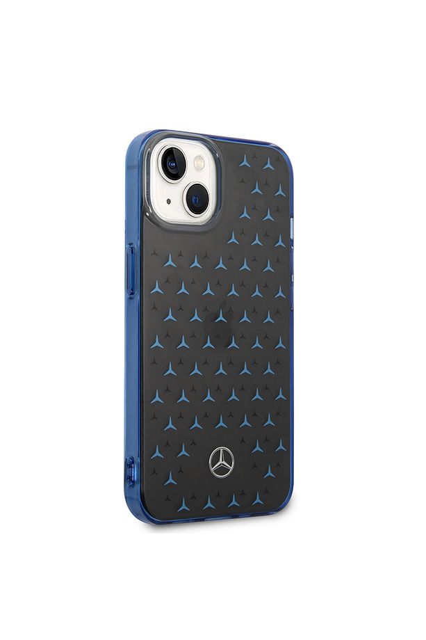 Mercedes Benz iPhone 14 Uyumlu Kılıf Mercedes Benz Çift Katmanlı Yıldız Desenli Dizayn Kapak Siyah - Mavi
