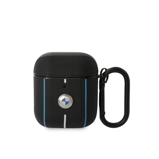 BMW AirPods (1/2) Kılıfı - Siyah Deri, Renkli Çizgili, Orijinal Lisanslı, Kancalı