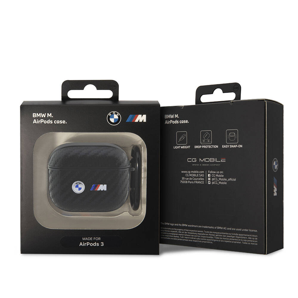 BMW AirPods 3 Koruyucu Kılıf - Siyah PU Deri Karbon Fiber Detaylı Çift Metal Logolu