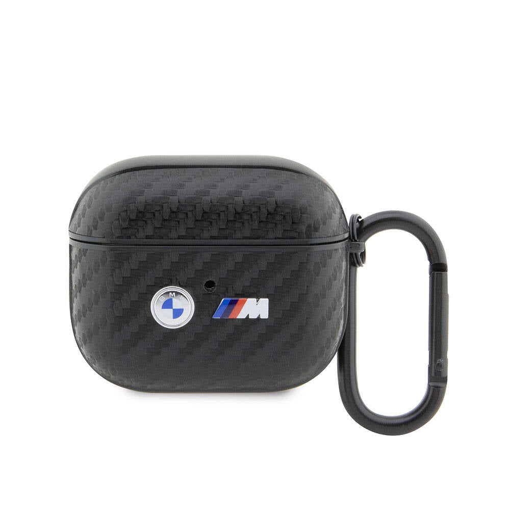BMW AirPods 3 Koruyucu Kılıf - Siyah PU Deri Karbon Fiber Detaylı Çift Metal Logolu