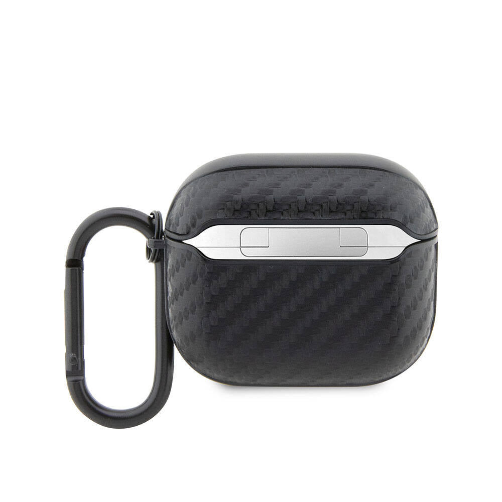 BMW AirPods 3 Koruyucu Kılıf - Siyah PU Deri Karbon Fiber Detaylı Çift Metal Logolu