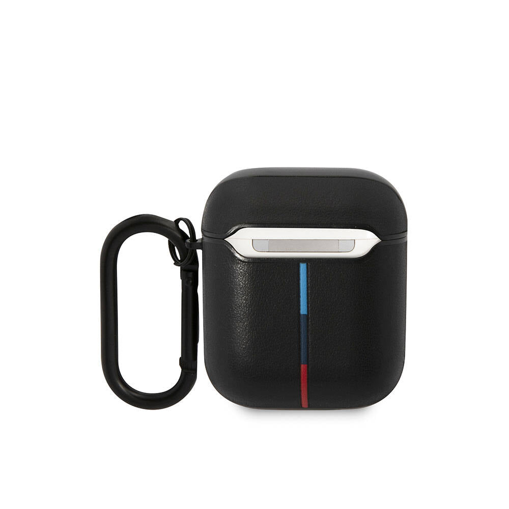 BMW AirPods (1/2) Kulaklık Kılıfı - Siyah PU Deri, M Şeritli, Orijinal Lisanslı, Kancalı