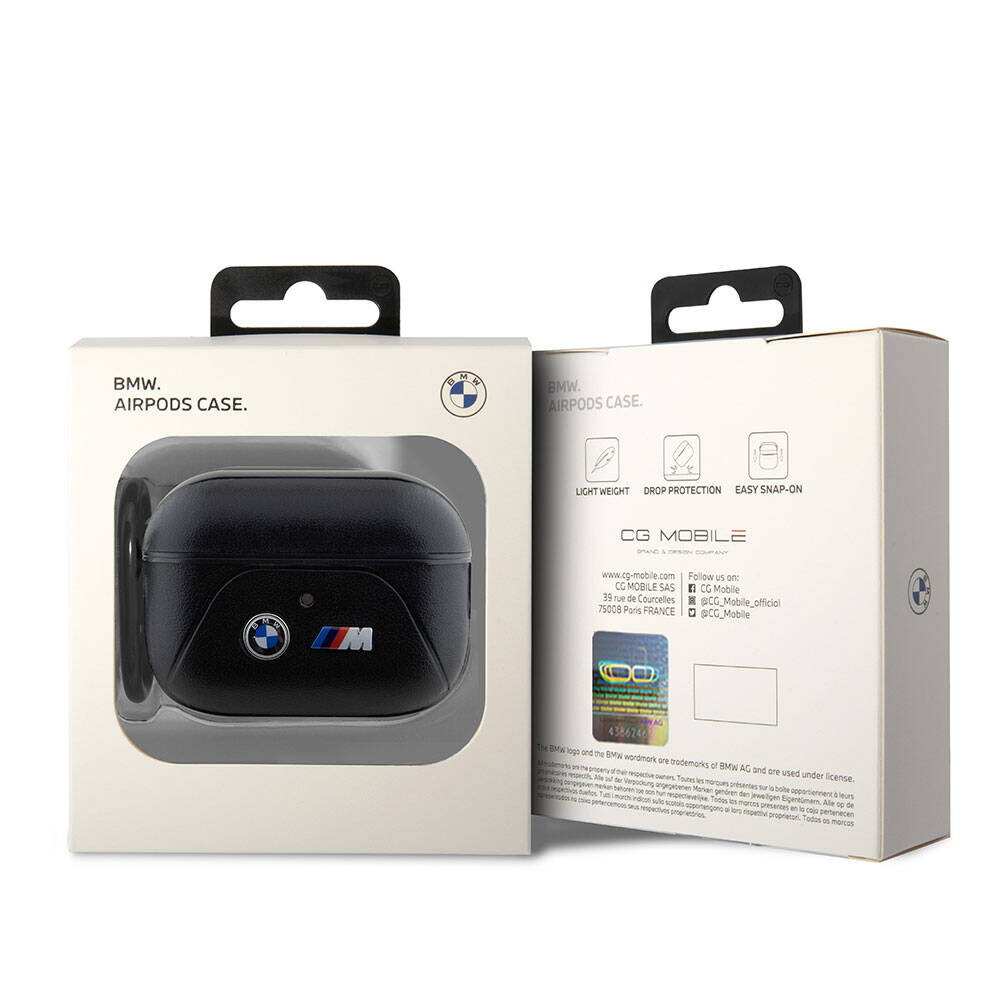 BMW AirPods (1/2) Kulaklık Kılıfı - Siyah PU Deri, M Şeritli, Orijinal Lisanslı, Kancalı