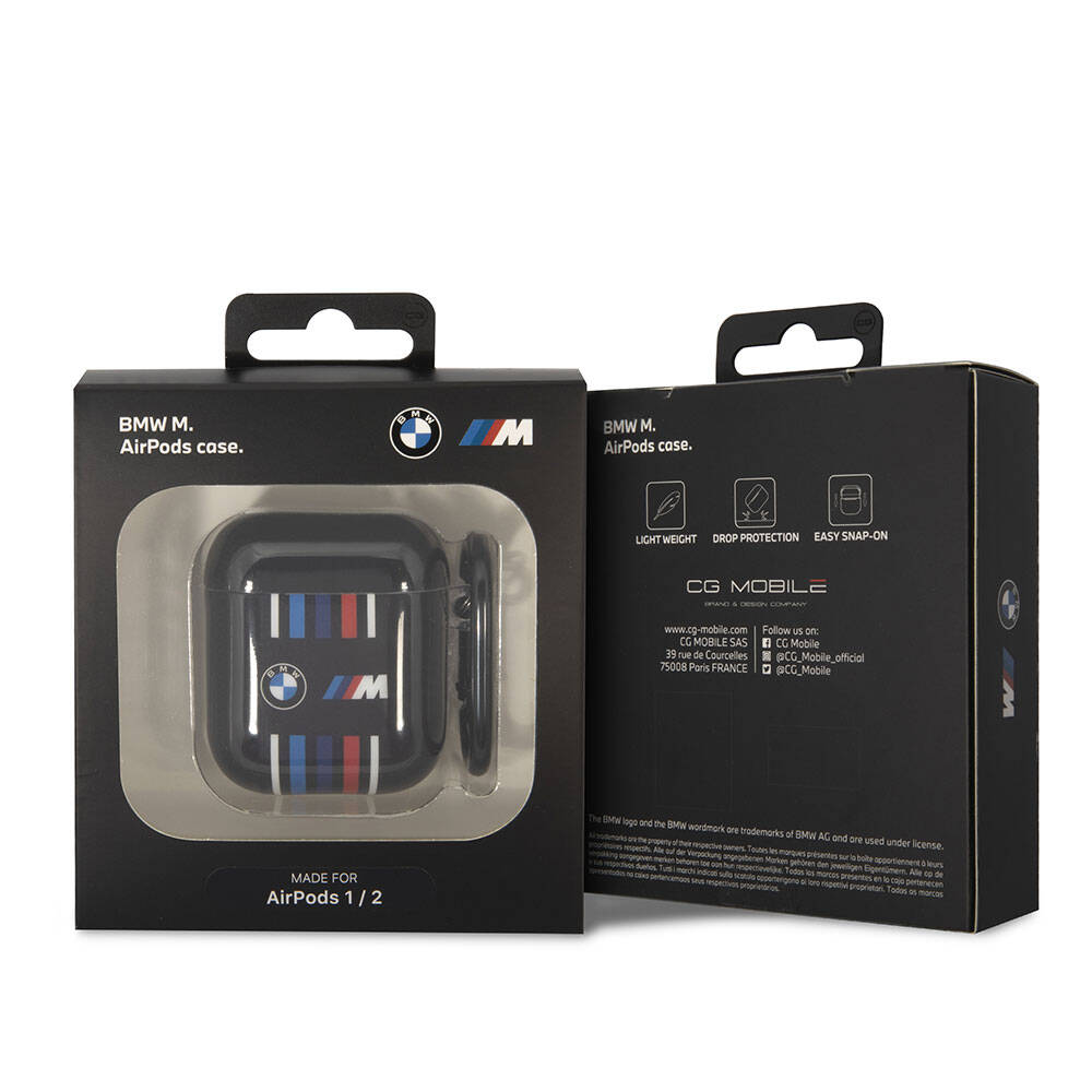 BMW AirPods (1/2) Kılıfı - Siyah TPU, Çok Renkli Çizgili, Orijinal Lisanslı