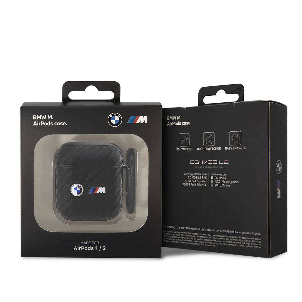 BMW AirPods 1/2 Kılıfı - Siyah PU Deri Karbon Fiber Tasarımlı, Çift Metal Logolu