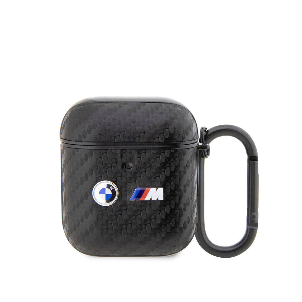 BMW AirPods 1/2 Kılıfı - Siyah PU Deri Karbon Fiber Tasarımlı, Çift Metal Logolu