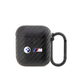 BMW AirPods 1/2 Kılıfı - Siyah PU Deri Karbon Fiber Tasarımlı, Çift Metal Logolu