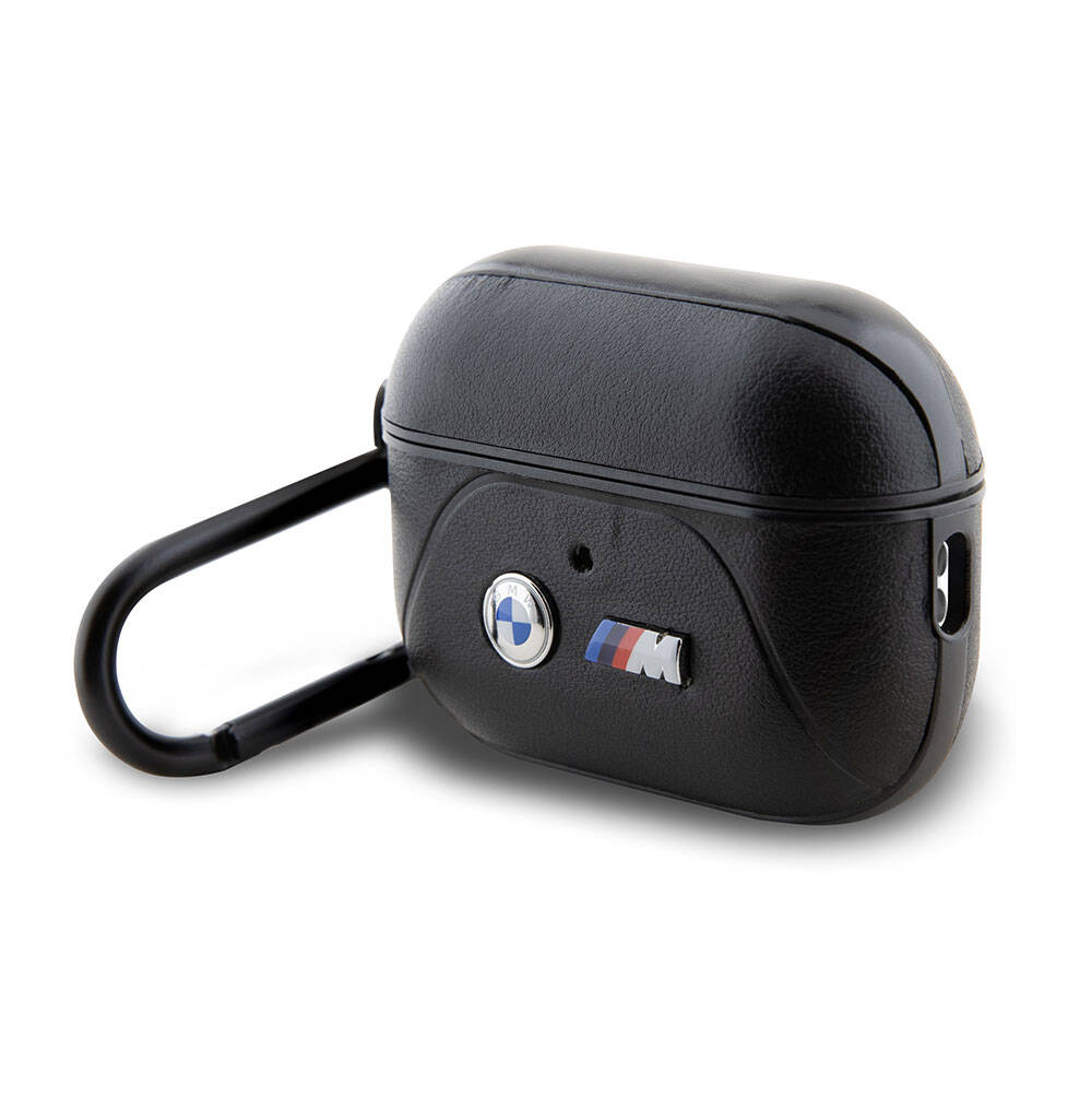 BMW AirPods Pro 2 Kulaklık Kılıfı - Siyah PU Deri, M Şeritli, Orijinal Lisanslı, Kancalı