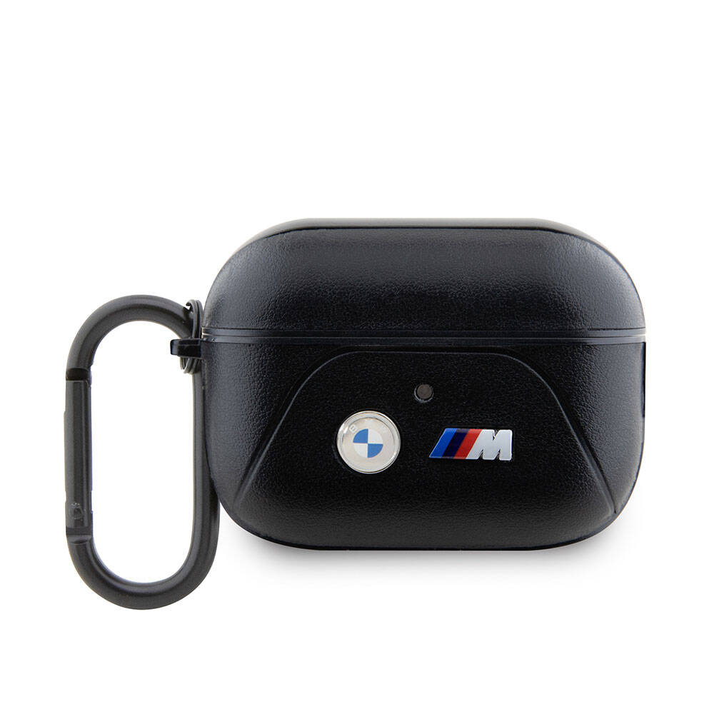 BMW AirPods Pro 2 Kulaklık Kılıfı - Siyah PU Deri, M Şeritli, Orijinal Lisanslı, Kancalı