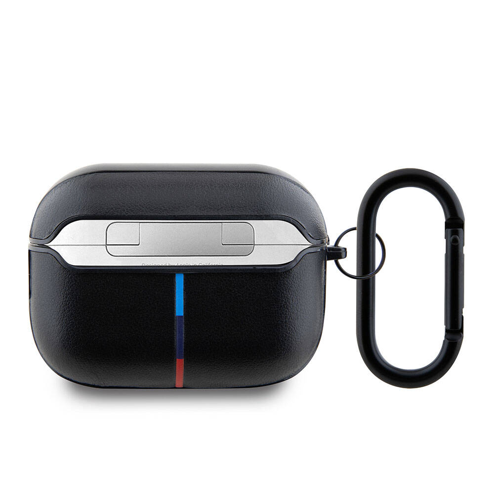 BMW AirPods Pro 2 Kulaklık Kılıfı - Siyah PU Deri, M Şeritli, Orijinal Lisanslı, Kancalı