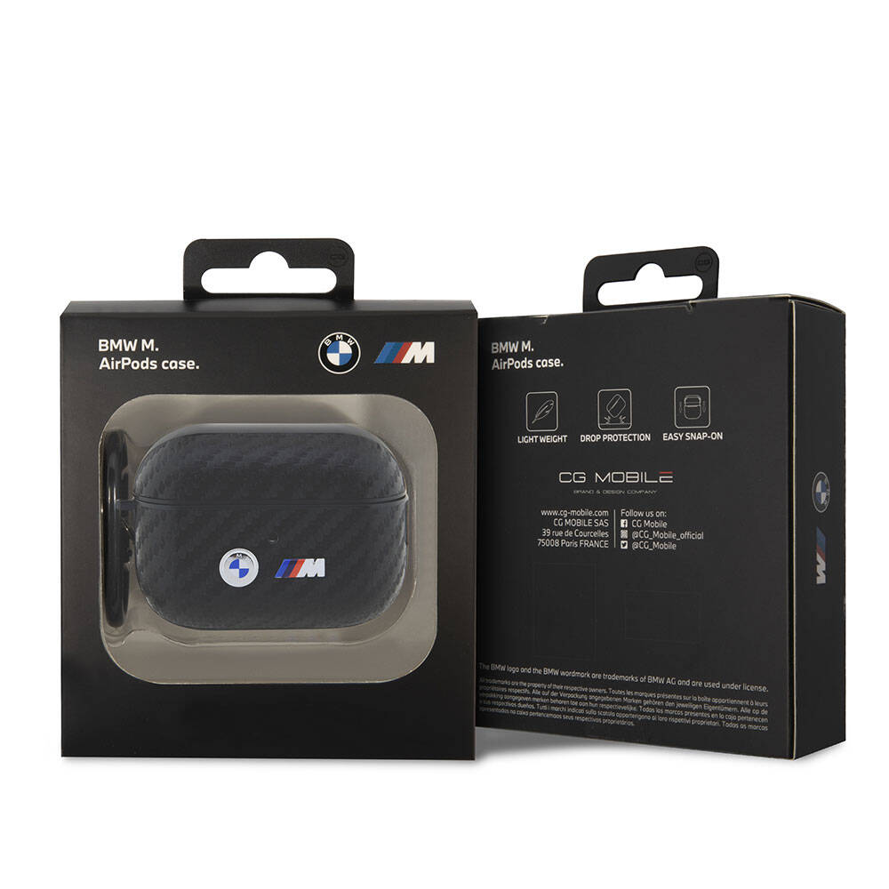 BMW AirPods Pro 2 Koruyucu Kılıf - Siyah PU Deri, Karbon Fiber Detaylı, Çift Metal Logolu