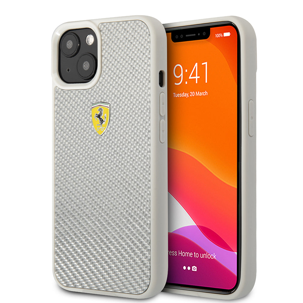 iPhone 13 Kılıf Ferrari Lisanlı Klasik Metal Logolu Karbon Dizayn