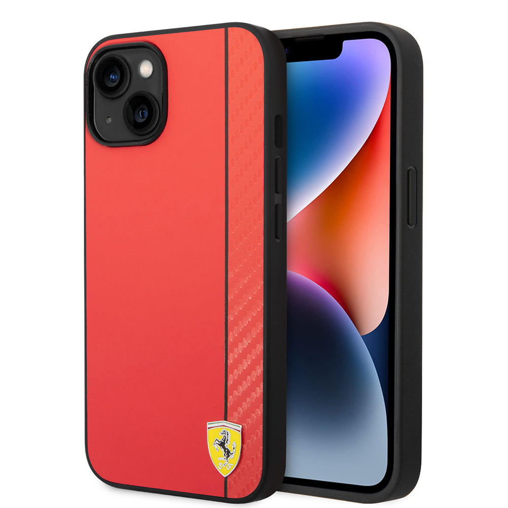 iPhone 14 Kılıf Ferrari Lisanslı M-safe Şarj Özellikli Pu Deri Ve Karbon Şeritli Dizayn