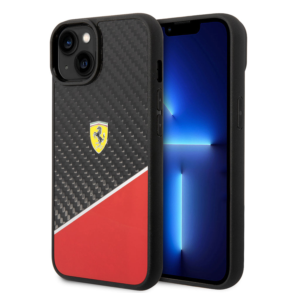 iPhone 14 Plus Kılıf Ferrari Lisanlı Klasik Metal Logolu Karbon Şerit Desenli