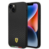 iPhone 14 Plus Kılıf Ferrari Lisanslı M-safe Şarj Özellikli Karbon İtalyan Bayrak Dizayn