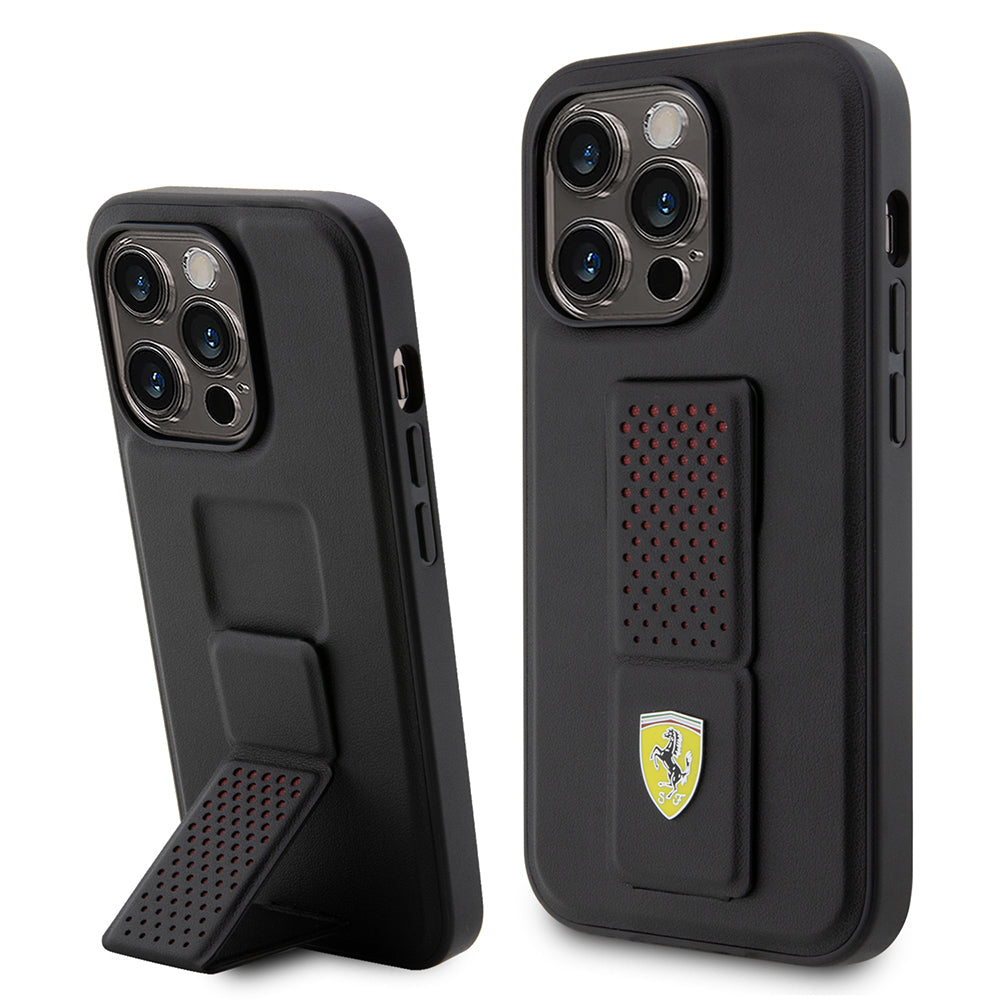 iPhone 14 Pro Kılıf Ferrari Lisanlı Klasik Metal Logolu Delikli Standlı Deri