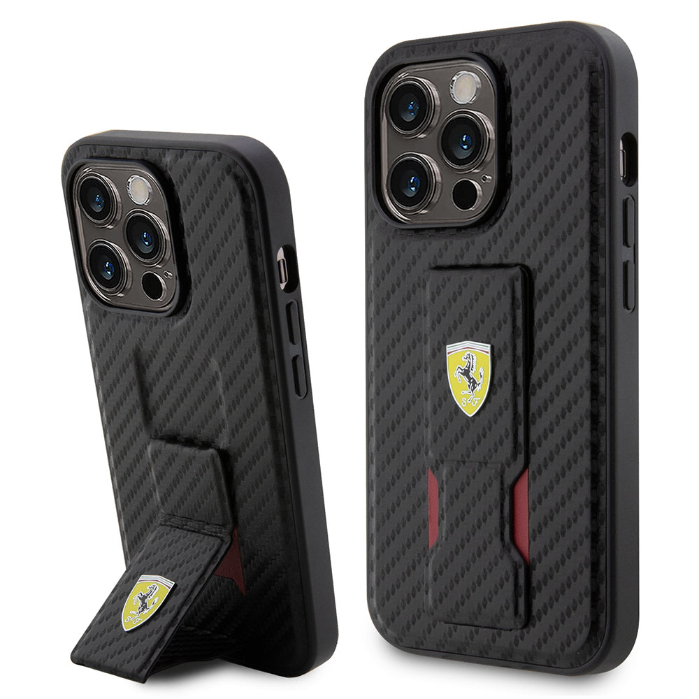 iPhone 14 Pro Kılıf Ferrari Lisanlı Klasik Metal Logolu Delikli Standlı Karbon