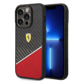 iPhone 14 Pro Kılıf Ferrari Lisanlı Klasik Metal Logolu Karbon Şerit Desenli