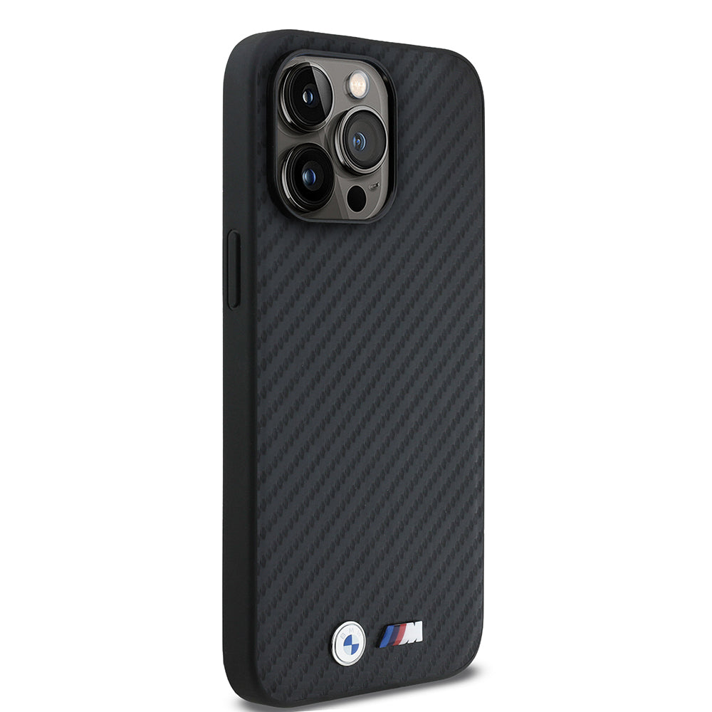 Apple iPhone 14 Pro Max Kılıf BMW Orjinal Lisanslı Karbon Fiber Tasarımlı ve Metal Logolu PU Deri Kapak
