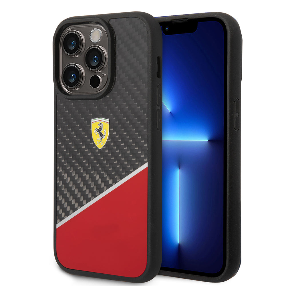 iPhone 14 Pro Max Kılıf Ferrari Lisanlı Klasik Metal Logolu Karbon Şerit Desenli