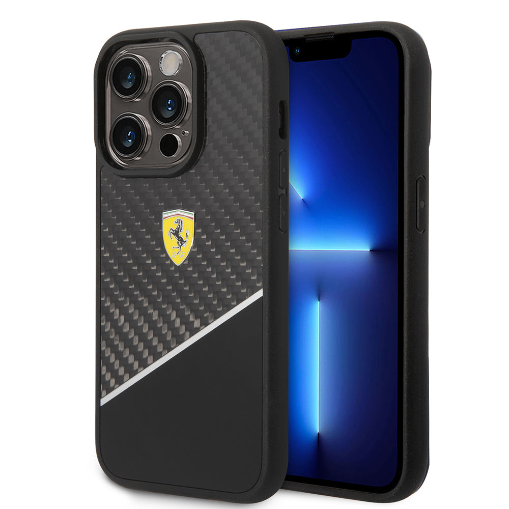 iPhone 14 Pro Max Kılıf Ferrari Lisanlı Klasik Metal Logolu Karbon Şerit Desenli
