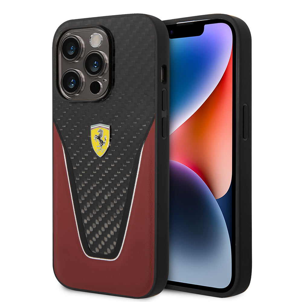 iPhone 14 Pro Max Kılıf Ferrari Lisanlı Klasik Metal Logolu Karbon V Desenli