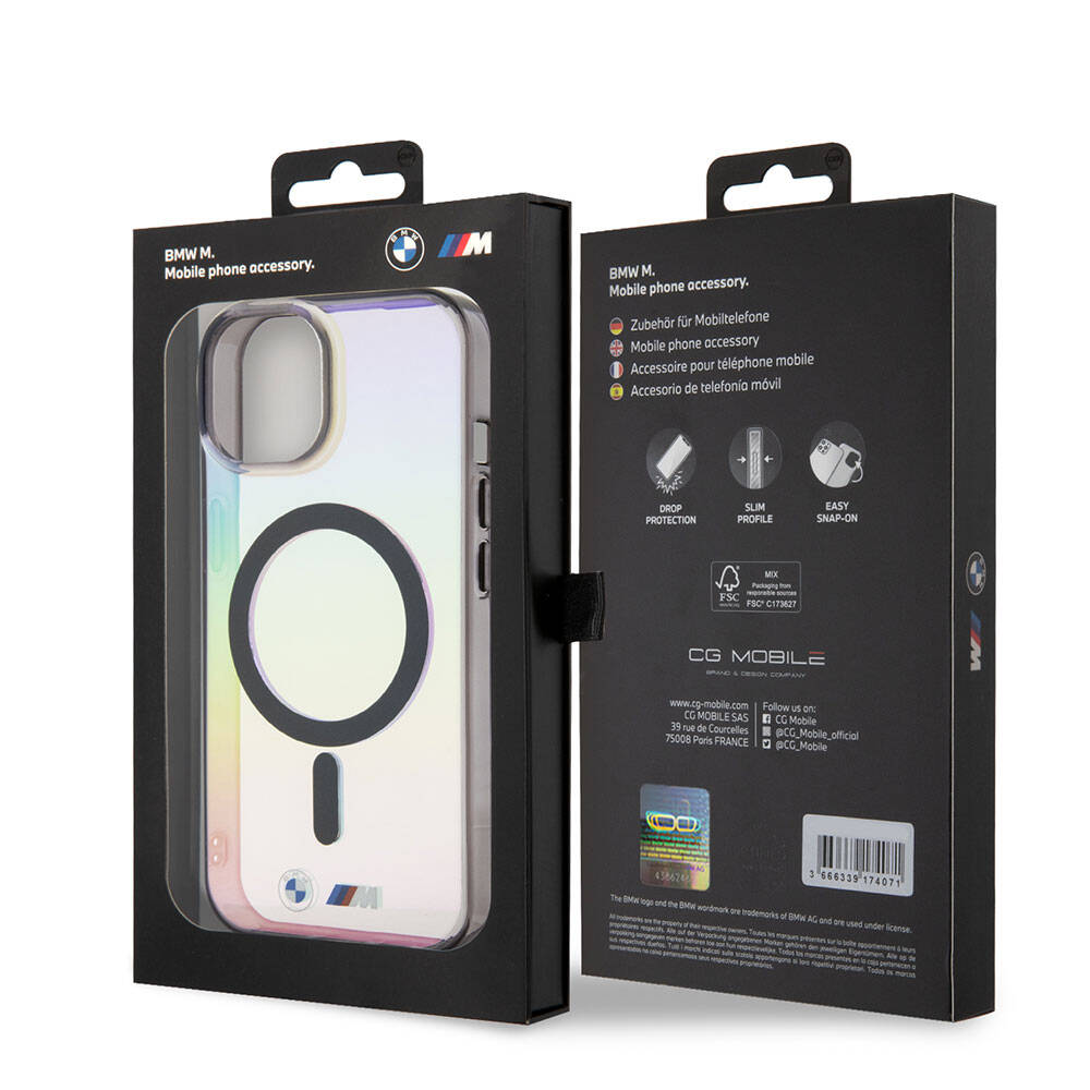iPhone 15 Uyumlu Kılıf Bmw Lisanslı Magsafe Kablosuz Şarj Özellikli Transparan Renk Geçişli Iridescent