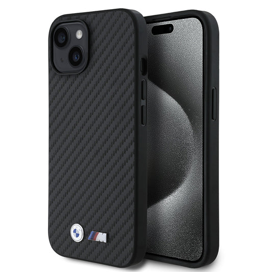 Apple iPhone 15 Kılıf BMW Orjinal Lisanslı Karbon Fiber Tasarımlı ve Metal Logolu PU Deri Kapak
