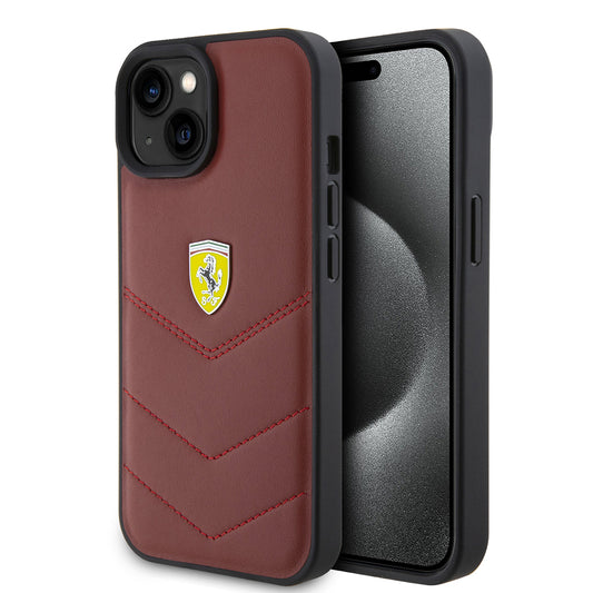 iPhone 15 Kılıf Ferrari Lisanslı Deri Dikişli Arka Yüzey Metal Logo Tasarımlı