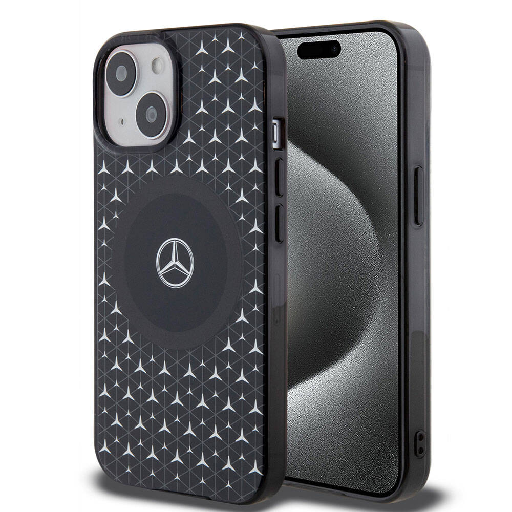 iPhone 15 Uyumlu Kılıf Mercedes Benz Lisanslı Magsafe Kablosuz Şarj Özellikli Çift Katmanlı Mini Yıldız Desenli