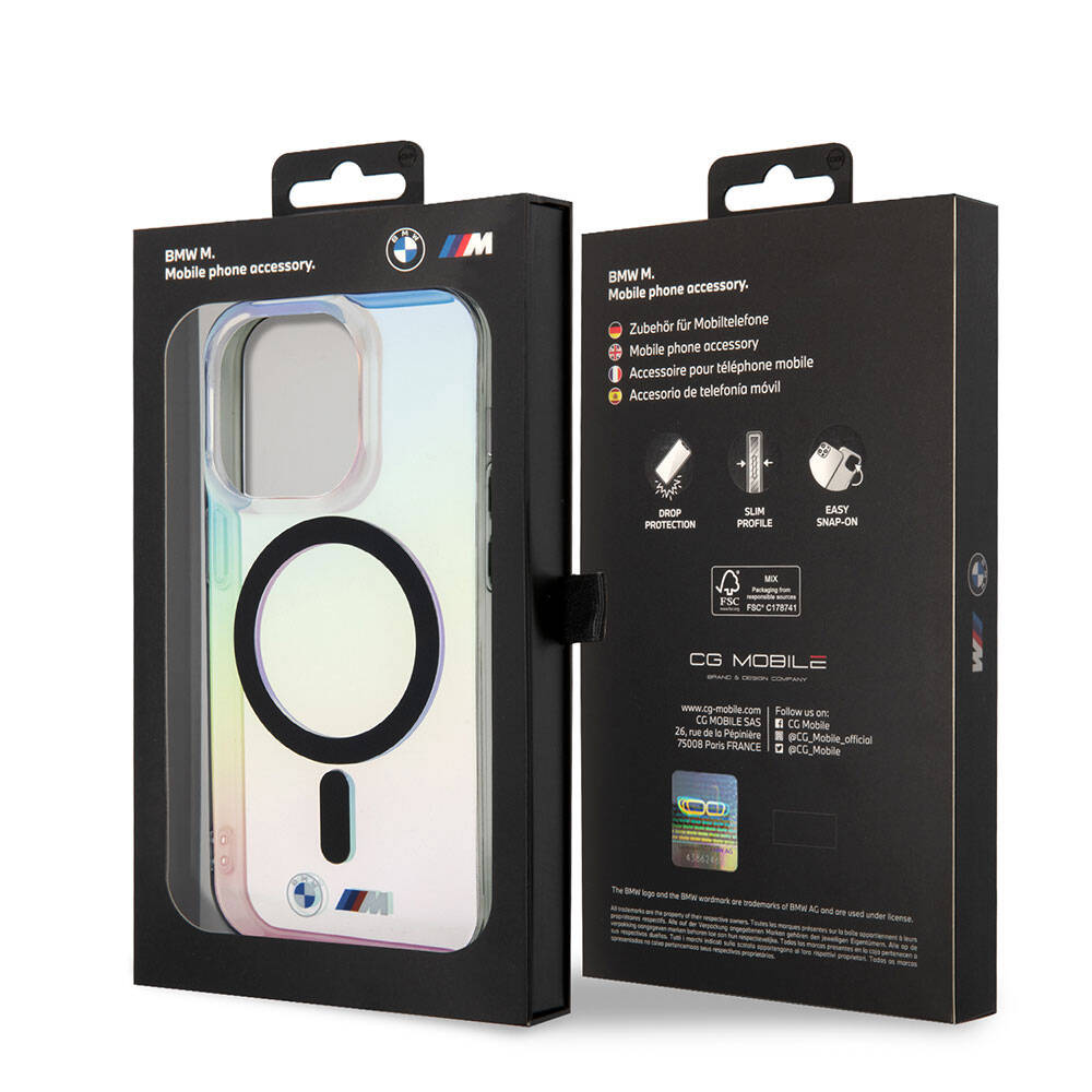 iPhone 15 Pro Uyumlu Kılıf Bmw Lisanslı Magsafe Kablosuz Şarj Özellikli Transparan Renk Geçişli Iridescent