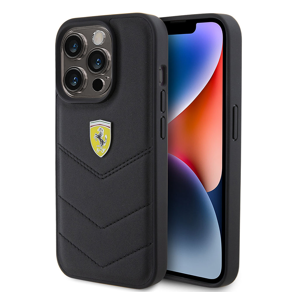 iPhone 15 Pro Kılıf Ferrari Lisanslı Deri Dikişli Arka Yüzey Metal Logo Tasarımlı