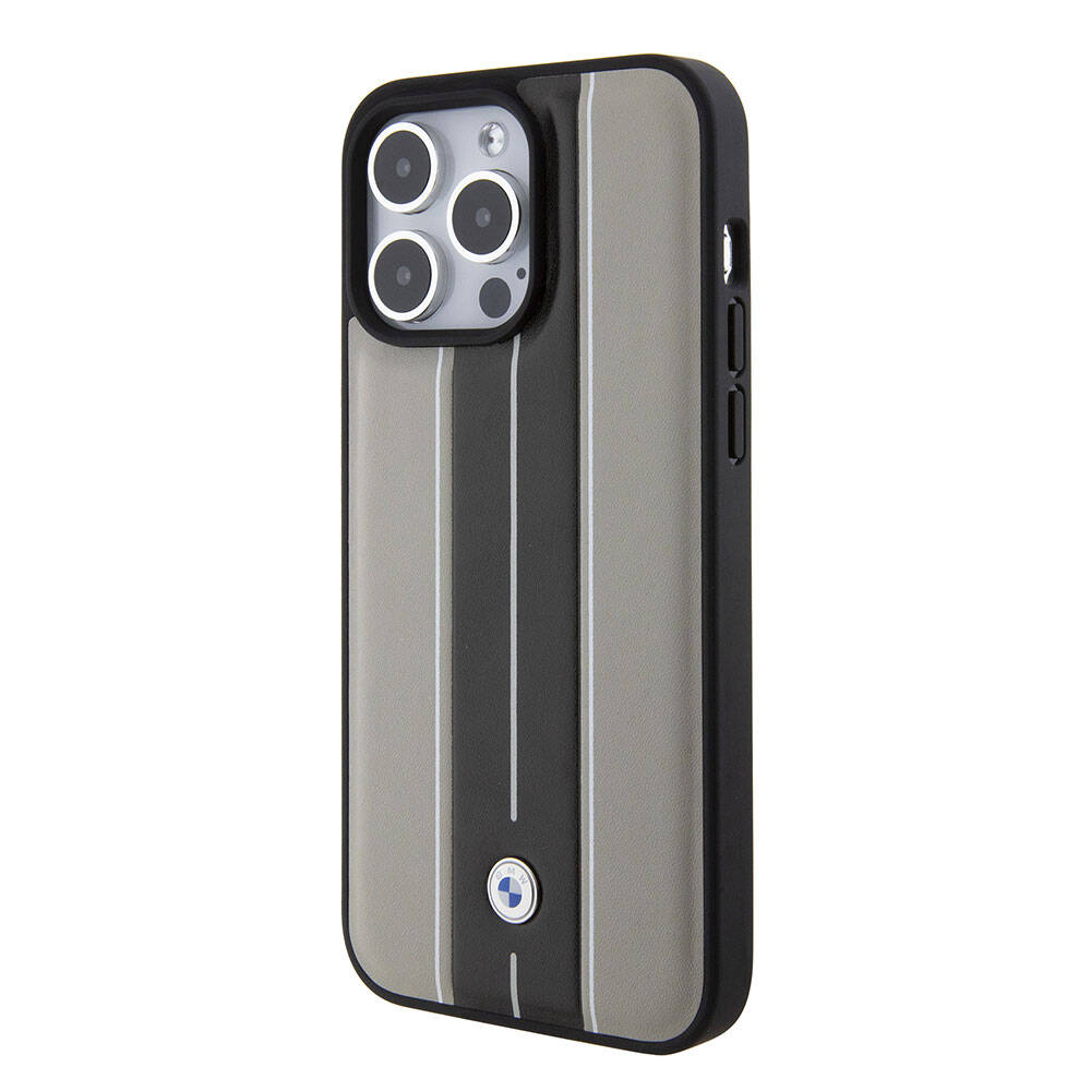 iPhone 15 Pro Uyumlu Kılıf Bmw Lisanslı Deri Arka Yüzey Metal Logolu Çift Şerit Tasarımlı