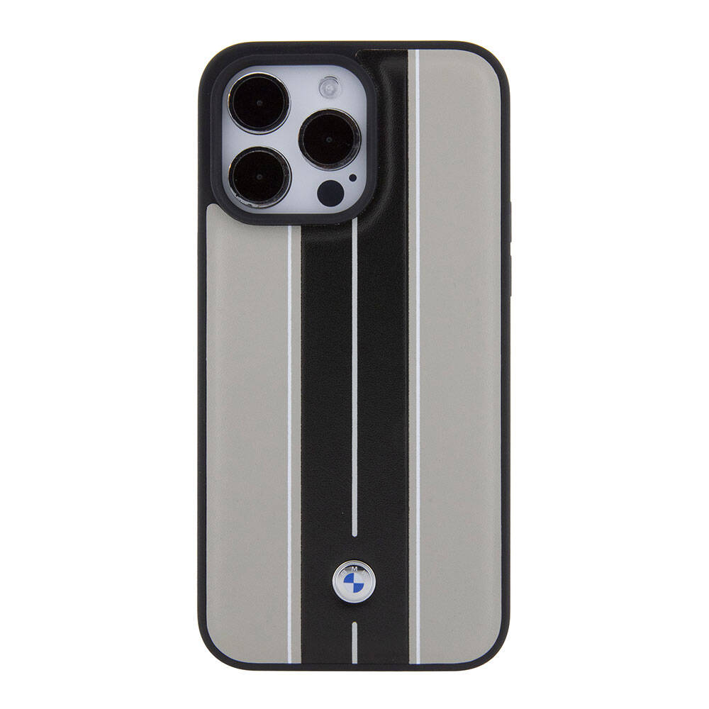iPhone 15 Pro Uyumlu Kılıf Bmw Lisanslı Deri Arka Yüzey Metal Logolu Çift Şerit Tasarımlı