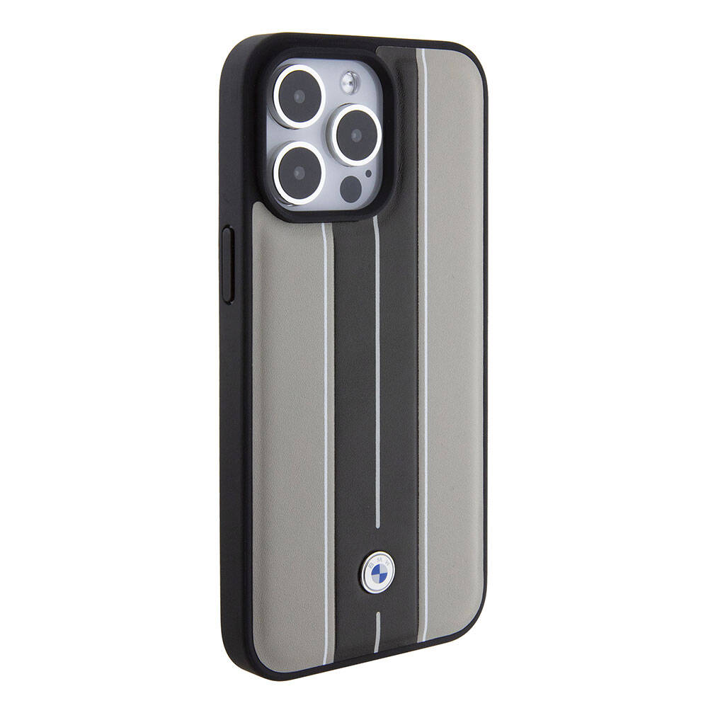 iPhone 15 Pro Uyumlu Kılıf Bmw Lisanslı Deri Arka Yüzey Metal Logolu Çift Şerit Tasarımlı