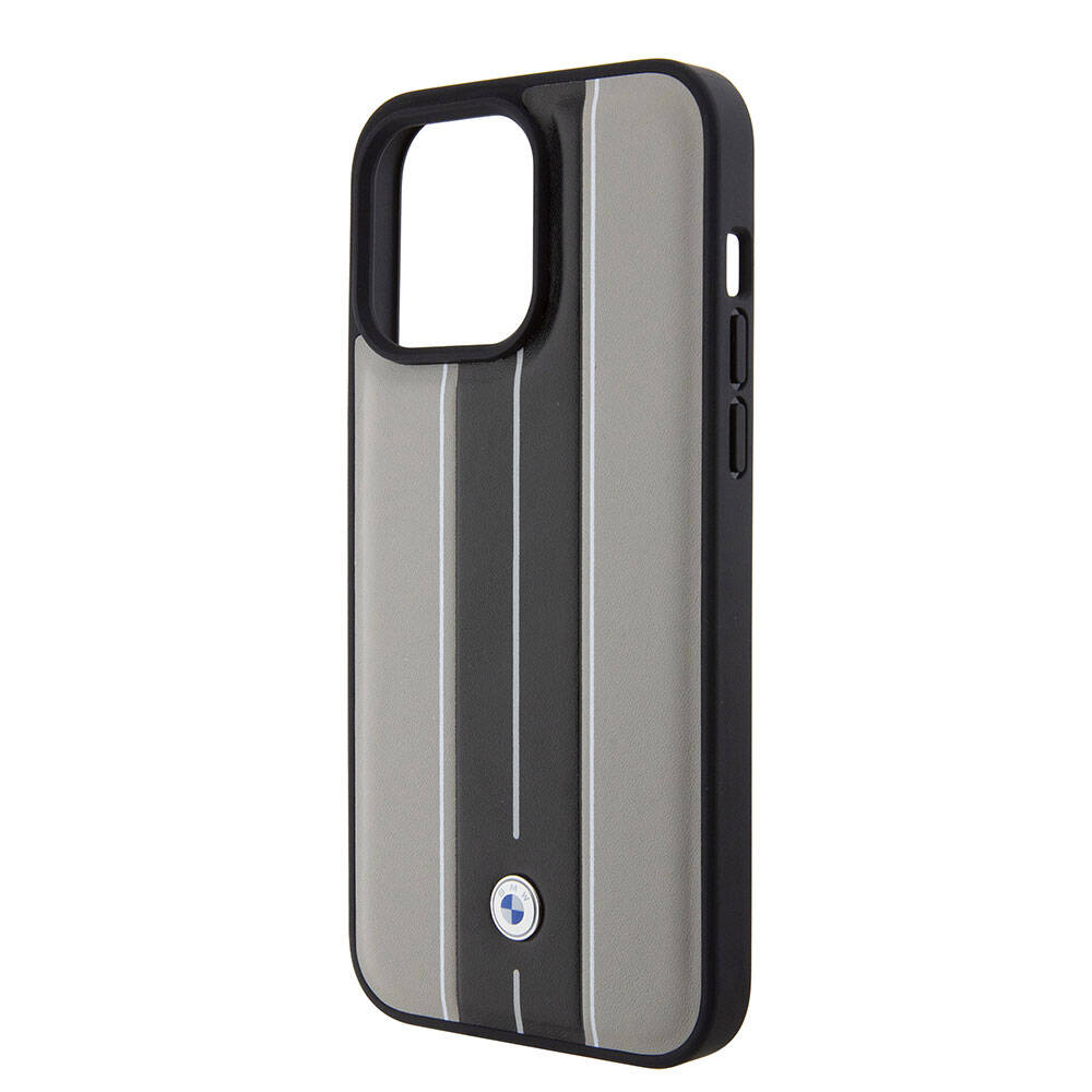 iPhone 15 Pro Max Uyumlu Kılıf Bmw Lisanslı Deri Arka Yüzey Metal Logolu Çift Şerit Tasarımlı