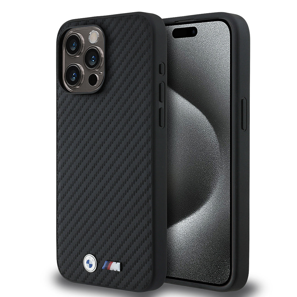 Apple iPhone 15 Pro Max Kılıf BMW Orjinal Lisanslı Karbon Fiber Tasarımlı ve Metal Logolu PU Deri Kapak