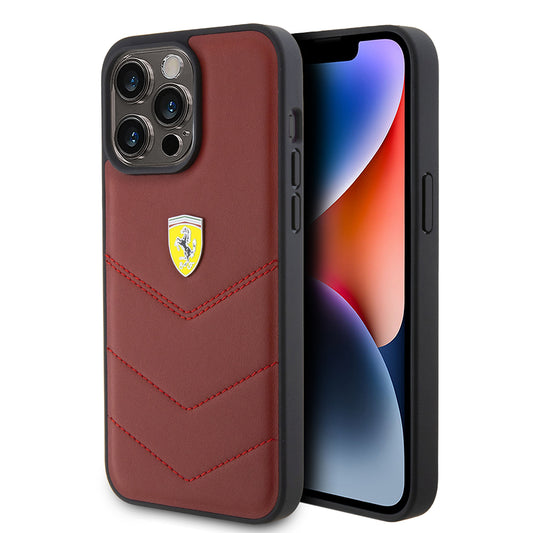 iPhone 15 Pro Max Kılıf Ferrari Lisanslı Deri Dikişli Arka Yüzey Metal Logo Tasarımlı