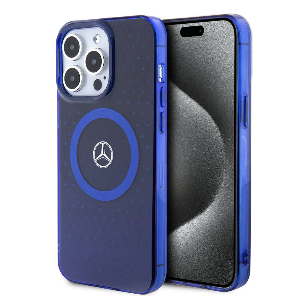 iPhone 15 Pro Max Uyumlu Kılıf Mercedes Benz Lisanslı Magsafe Kablosuz Şarj Özellikli Mavi Yıldız Desenli