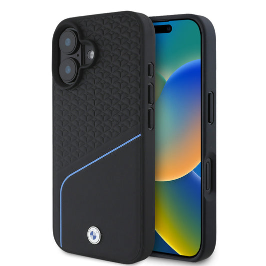 iPhone 16 Uyumlu Kılıf Bmw Lisanslı Magsafe Kablosuz Şarj Özellikli Metal Logolu Dokulu ve Çizgili Deri