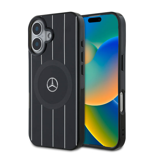iPhone 16 Uyumlu Kılıf Mercedes Benz Lisanslı Magsafe Kablosuz Şarj Özellikli Çift Katmanlı Paralel Çizgi Desenli