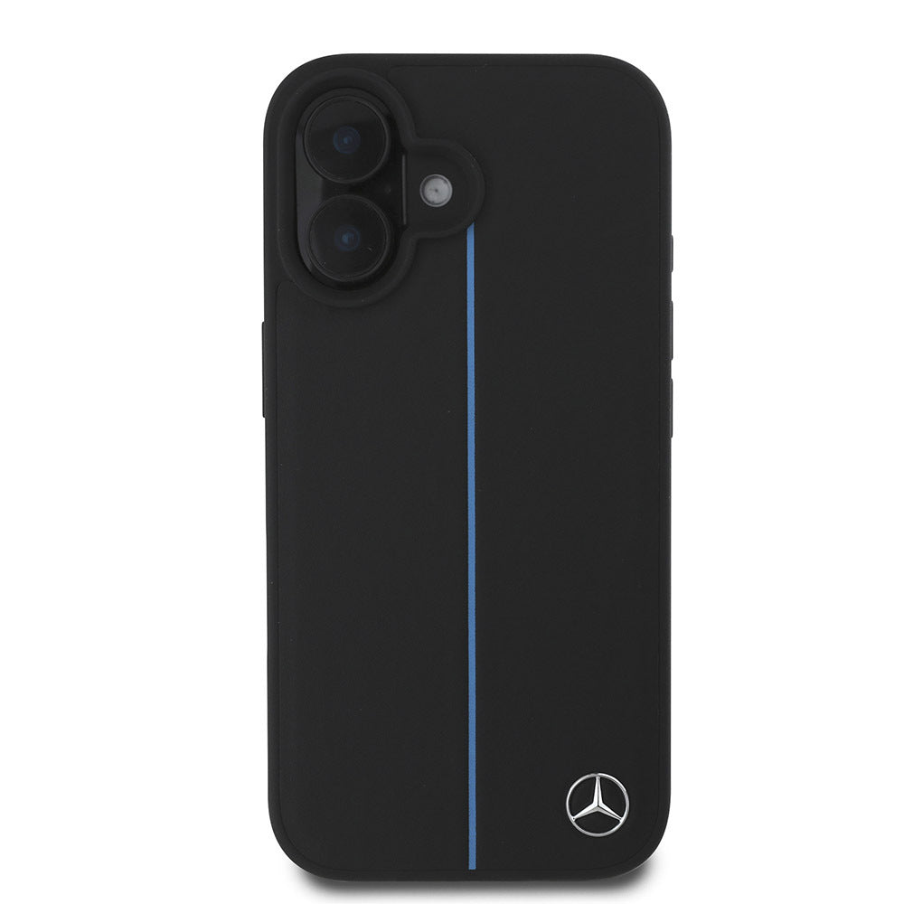 iPhone 16 Uyumlu Kılıf Mercedes Benz Lisanslı Magsafe Kablosuz Şarj Özellikli Metal Yıldız Logolu Mavi Çizgili Deri