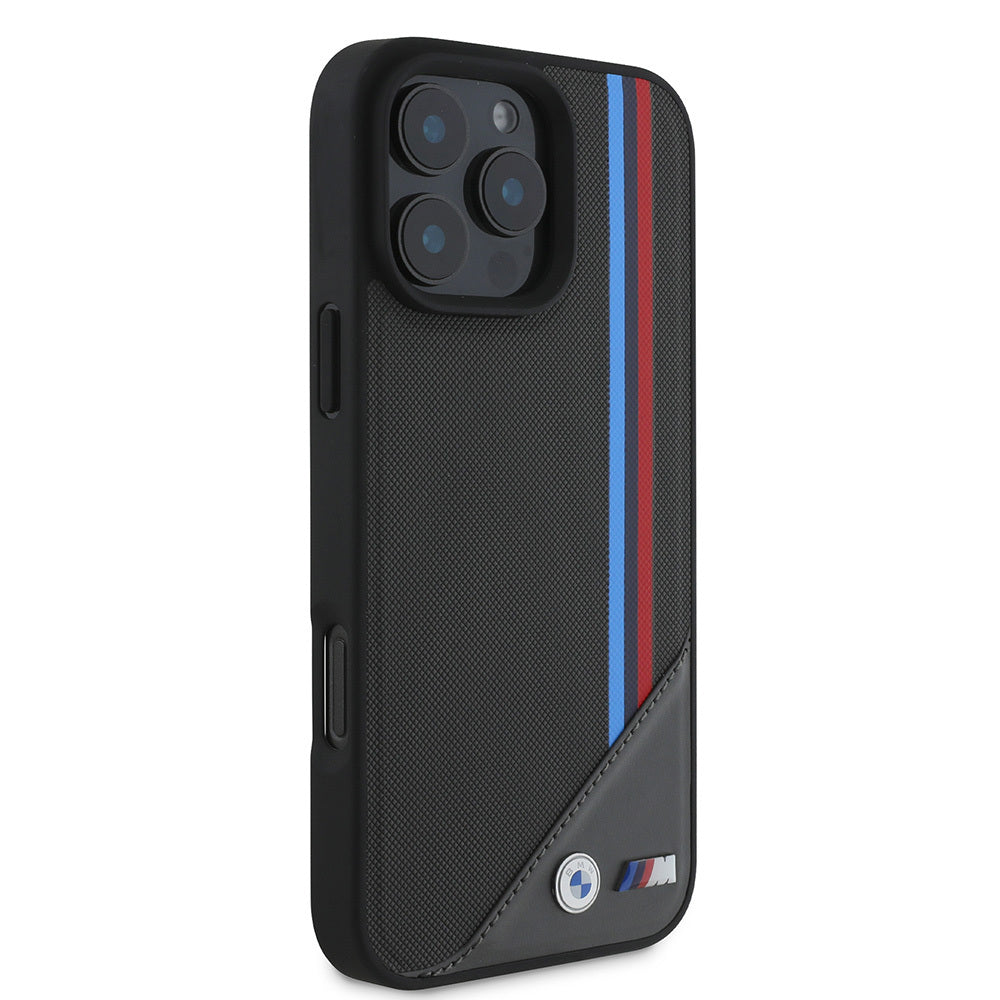 iPhone 16 Plus Uyumlu Kılıf Bmw Lisanslı Magsafe Kablosuz Şarj Özellikli M Logolu Üç Çizgili Meshed Tricolor Stripes