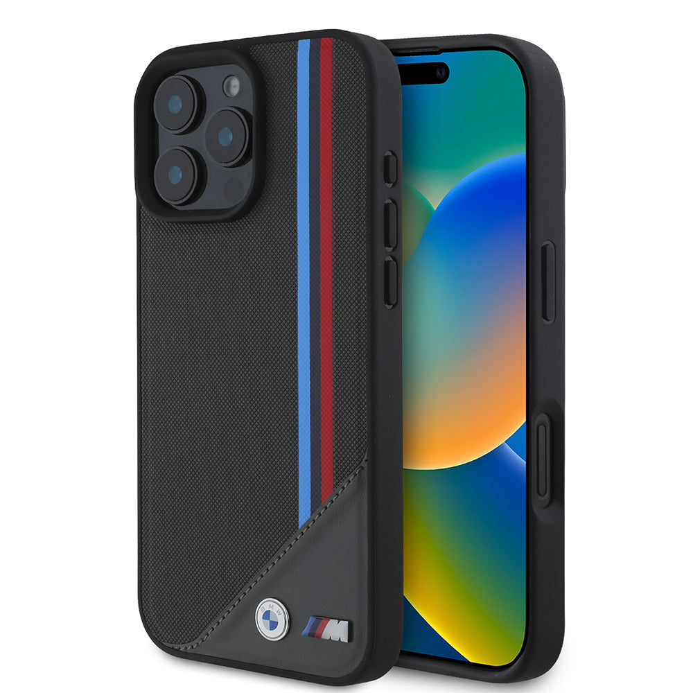 iPhone 16 Plus Uyumlu Kılıf Bmw Lisanslı Magsafe Kablosuz Şarj Özellikli M Logolu Üç Çizgili Meshed Tricolor Stripes