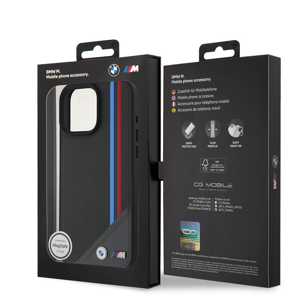 iPhone 16 Plus Uyumlu Kılıf Bmw Lisanslı Magsafe Kablosuz Şarj Özellikli M Logolu Üç Çizgili Meshed Tricolor Stripes