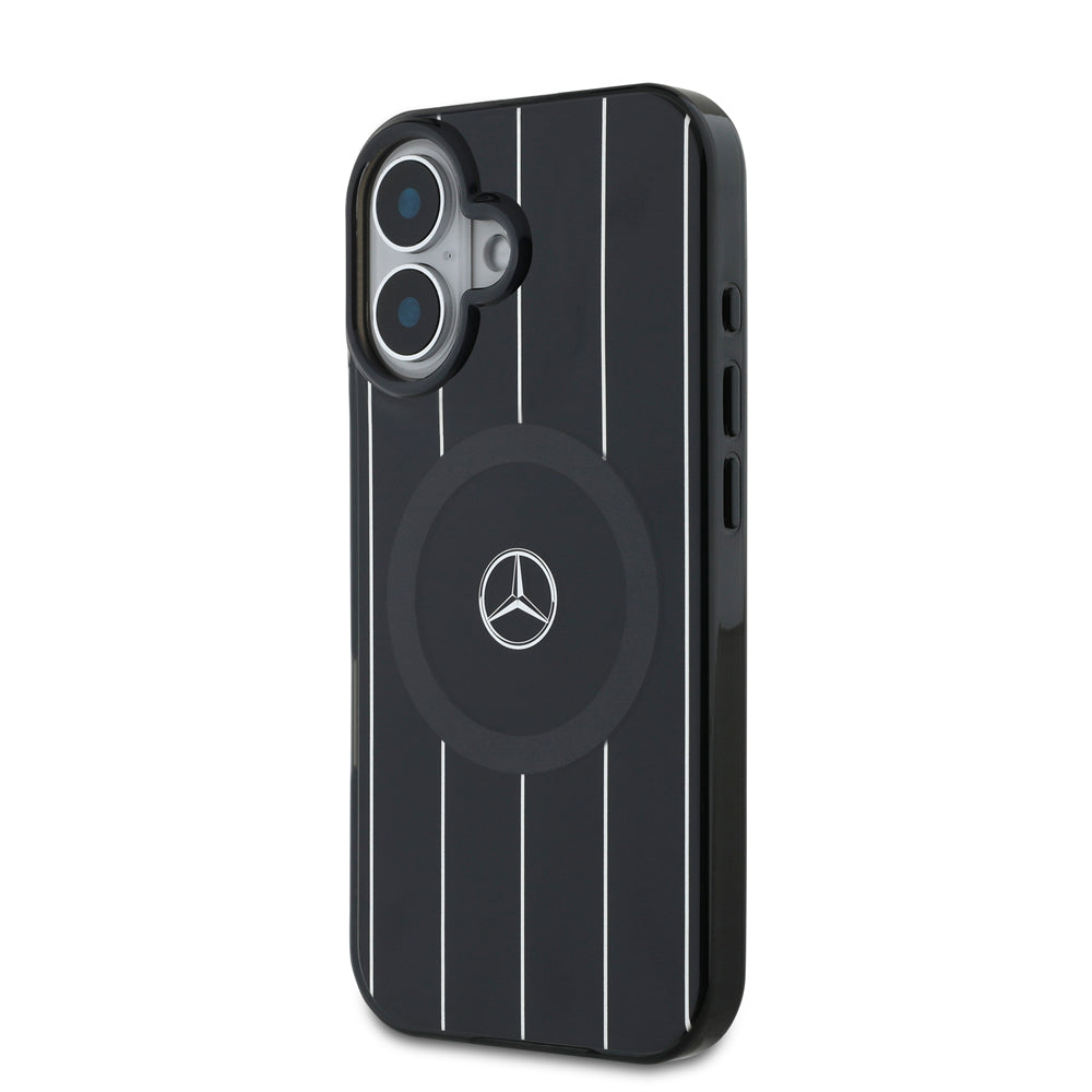 iPhone 16 Plus Uyumlu Kılıf Mercedes Benz Lisanslı Magsafe Kablosuz Şarj Özellikli Çift Katmanlı Paralel Çizgi Desenli