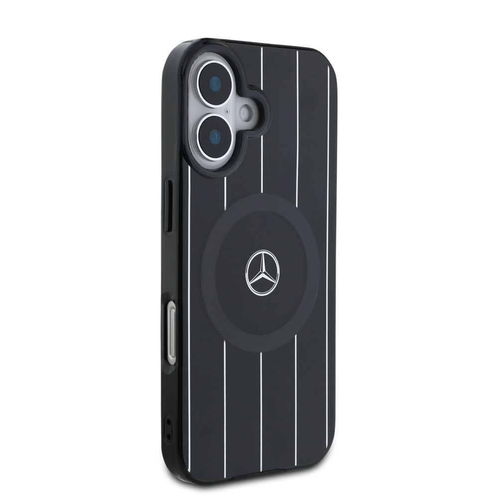 iPhone 16 Plus Uyumlu Kılıf Mercedes Benz Lisanslı Magsafe Kablosuz Şarj Özellikli Çift Katmanlı Paralel Çizgi Desenli