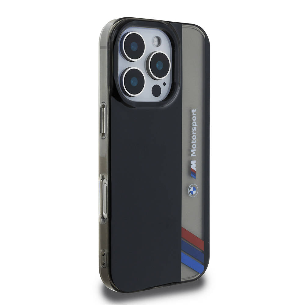 iPhone 16 Pro Uyumlu Kılıf Bmw Lisanslı M Logolu Üç Renk Çizgili Motorsport Vertical Stripe