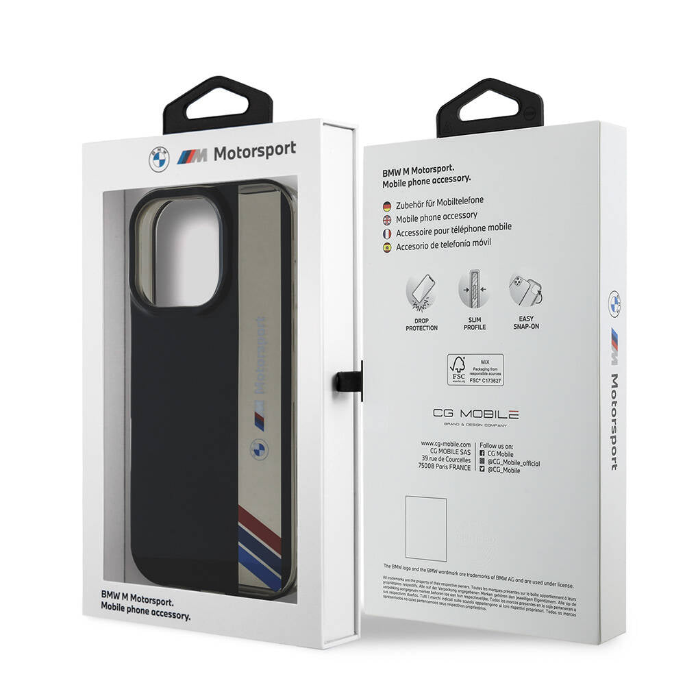 iPhone 16 Pro Uyumlu Kılıf Bmw Lisanslı M Logolu Üç Renk Çizgili Motorsport Vertical Stripe